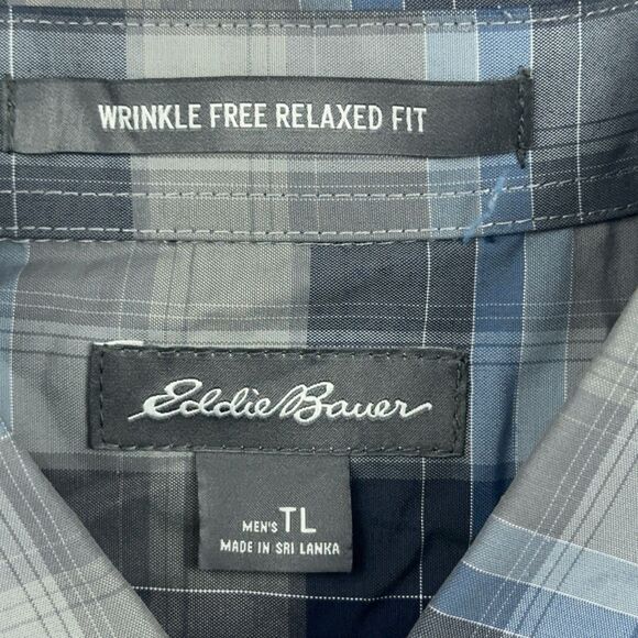 Eddie Bauer Shirt Mens Size TL Large Tall Blue Plaid Wrinkle Free Relaxed Fit - Picture 7 of 10